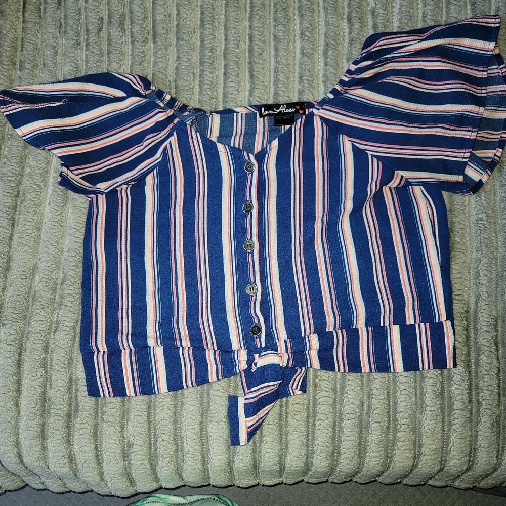 Love Alexa Girls Button Shirt Size L / 12-14 Striped Multi Colored Cap Sleeves